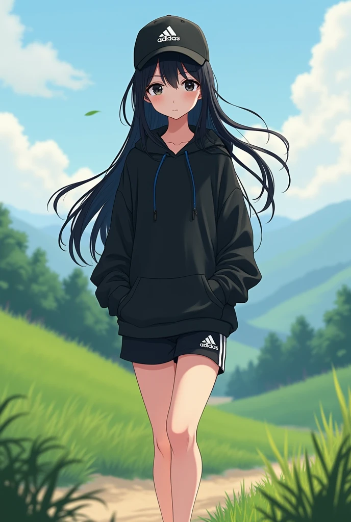 beautiful anime girl, long black hair, black eyes, barefoot, wear black adidas cap, wear black adidas hood, wear black adidas short hot pants, background is countryside