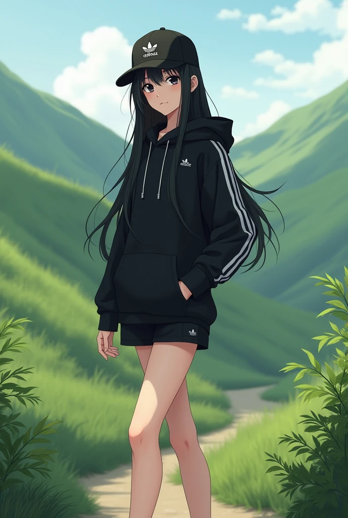 beautiful anime girl, long black hair, black eyes, barefoot, wear black adidas cap, wear black adidas hood, wear black adidas short hot pants, background is countryside