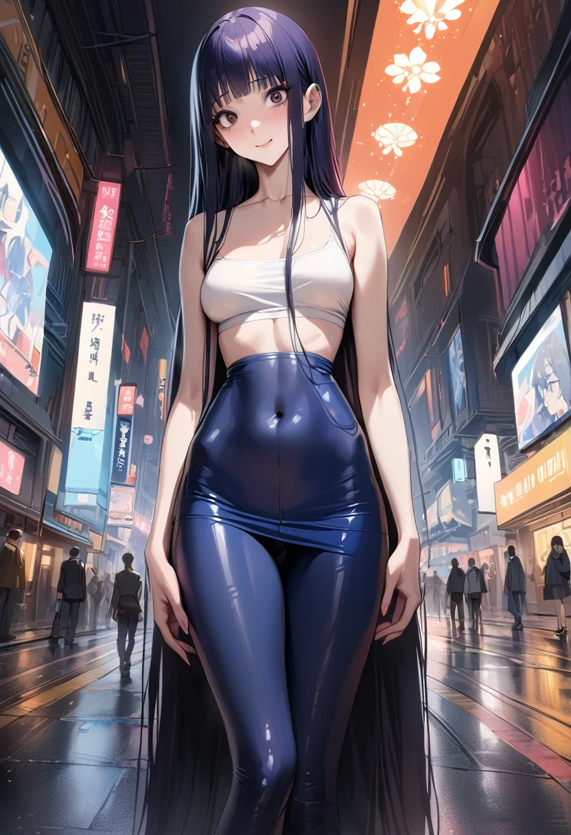 ((masterpiece,best quality anime,Highest quality:1.3)),realistic,cowboy shot,1woman,独奏,(2 beauty),((very small head:1.4)),((very long body:1.4)),dark blue hair,straight long hair,(gorgeous big eyes),black eyes,smile,((slender body:1.4,skinny)),medium breasts,White tube top shirt、navel、Navy blue tight mini skirt、gleaming skin,shiny skin,(oily skin), bustling street、Cyberpunk World、