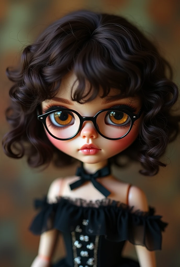 Blythe doll pele parda, brown eyes, 
 half sideways, short curly dark brown hair and round glasses on her face, romantic goth, rock girl
