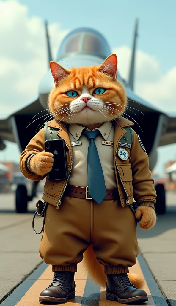 Make a picture of a fat orange cat with blue eyes, flat nose, facing the camera, wear pilot clothes, sports shoes and tie, in hand carrying iphone, standing in front of a fighter jet with a military airport in the background, wide, full body, 8k super realistic