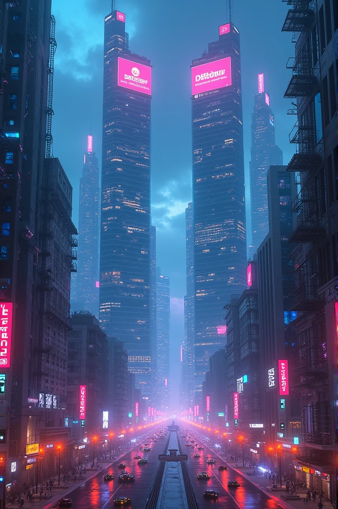 bustling, futuristic city skyline at night, filled with tall skyscrapers illuminated by neon lights. The streets below are busy with flying cars and robots moving around. In the foreground, there are two prominent skyscrapers with large, glowing signs: one reading "BYTECORP" and the other "DATAHIVE." The atmosphere is vibrant, with a blend of blues and purples in the night sky, reflecting the technological advancements of the city.