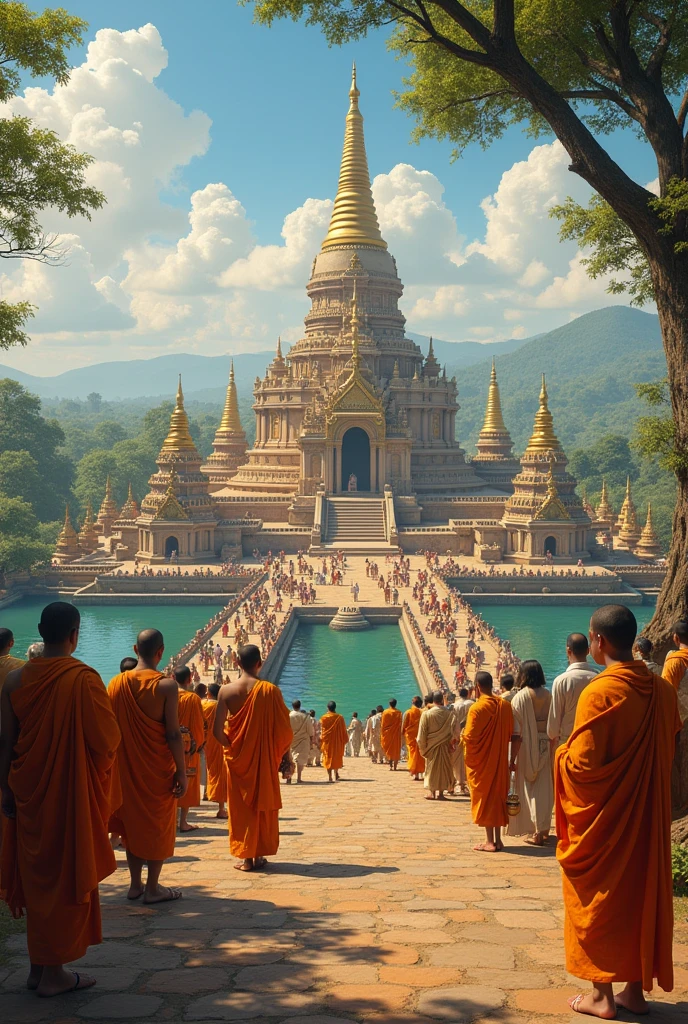 Anuradhapura in Ancient Times: A historical representation of the ancient city of Anuradhapura, showcasing its religious structures, including the Sri Maha Bodhi Tree, surrounded by early Buddhist monks and devotees.