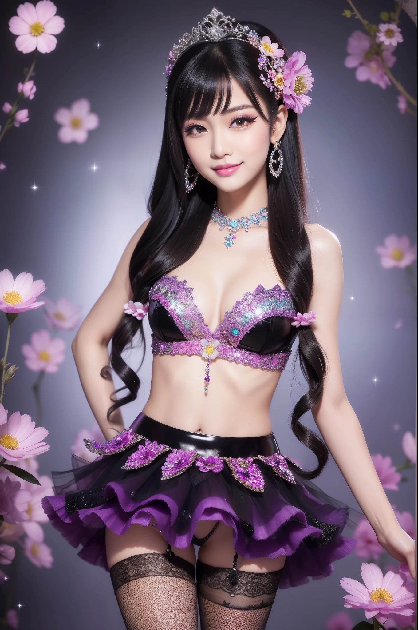 sexy Thai model who controls poison、beautiful smile、lipgloss、long lashes、smokey eyeshadow、look at the camera、full body Esbian、、sparkling poisoned flower costume、、、、sparkling Colorful hair、secrete poison、skull hair accessories、fishnet tights、shiny sparkling flowers background