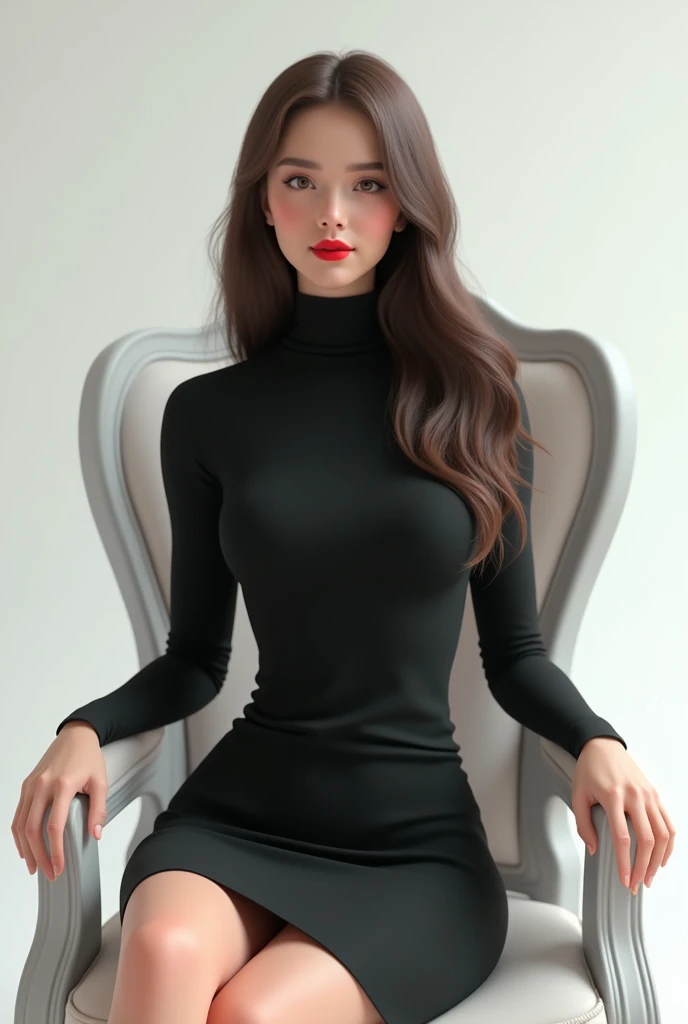 Pretty 25 yrs old girl with long hair wearing black turtle neck dress and red lipstick sitting in the white royal chair putting the 2 hand in armchair. 3D semi animated portrait full image