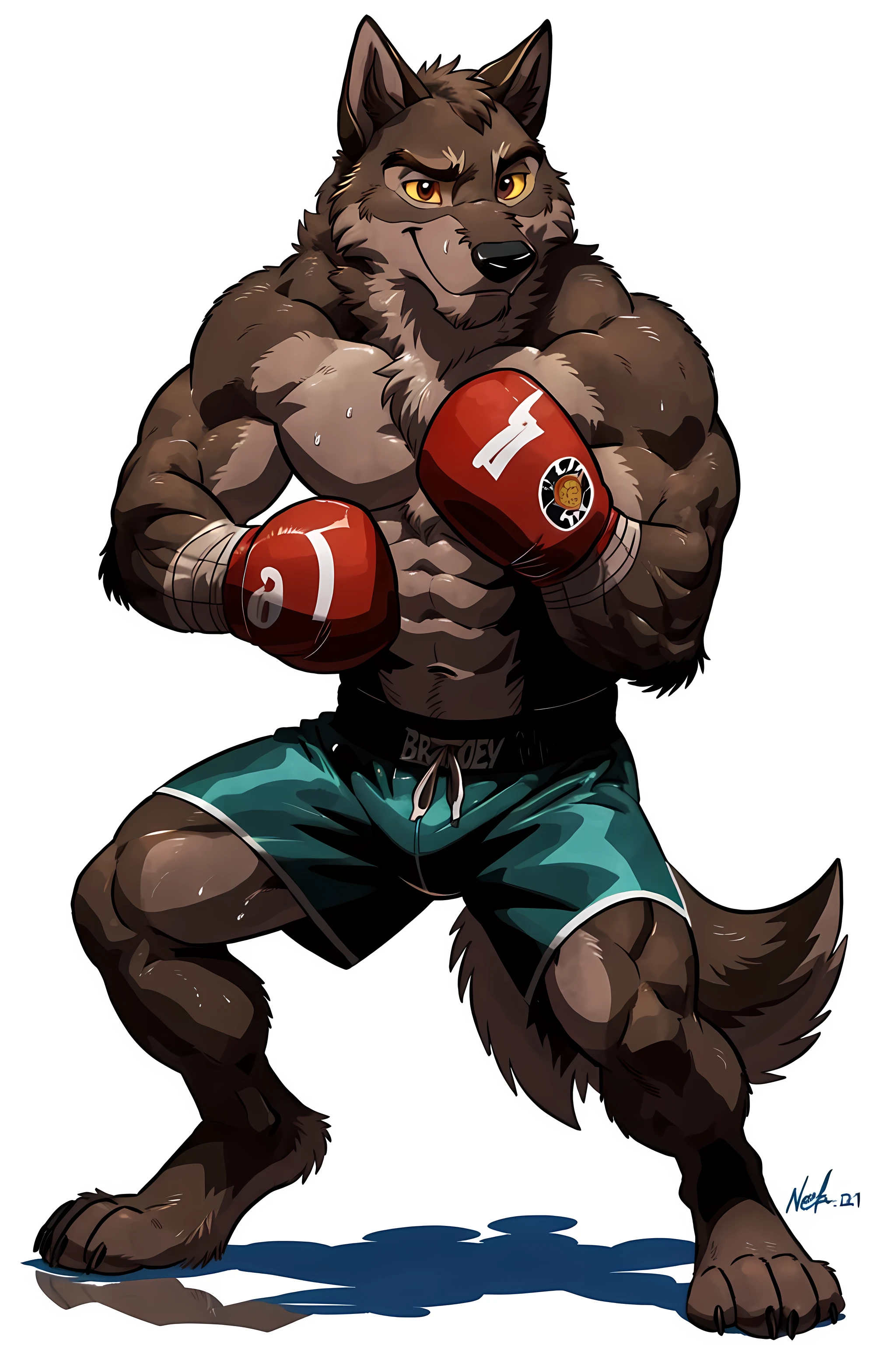 balto, baltowd, brown eyes, yellow sclera, solo, detailed, detailed face, detailed eyes, anthro body, black lineart, black outline, male, masculine, adult, muscular body, muscles, cartoon shading, confident, proud, smile, front view:1.1, boxing shorts, wolf tail, (wearing boxing gloves, detailed boxing gloves):1.1, (no background, white background):1.5, bare chest, by wfa, by negger, cel shaded:1.2, boxing stance:1.1, action pose, exhausted, sweaty:1.2, stern face, reflective floor