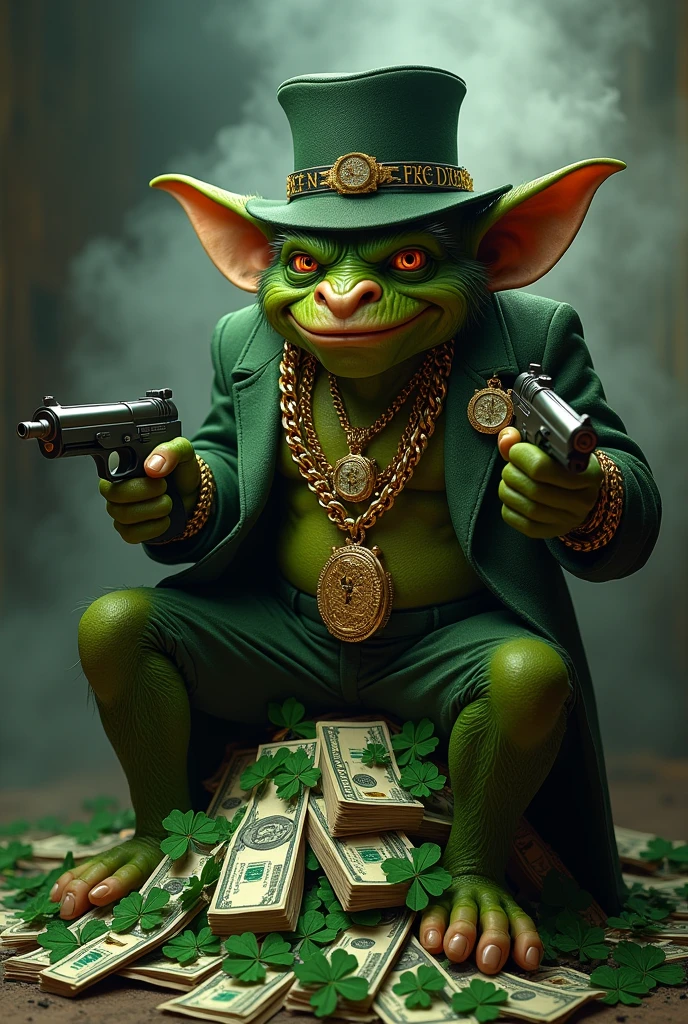 Green mafia goblin with gold watches and chains , with guns in hand sitting on money and clovers smoking with red eyes