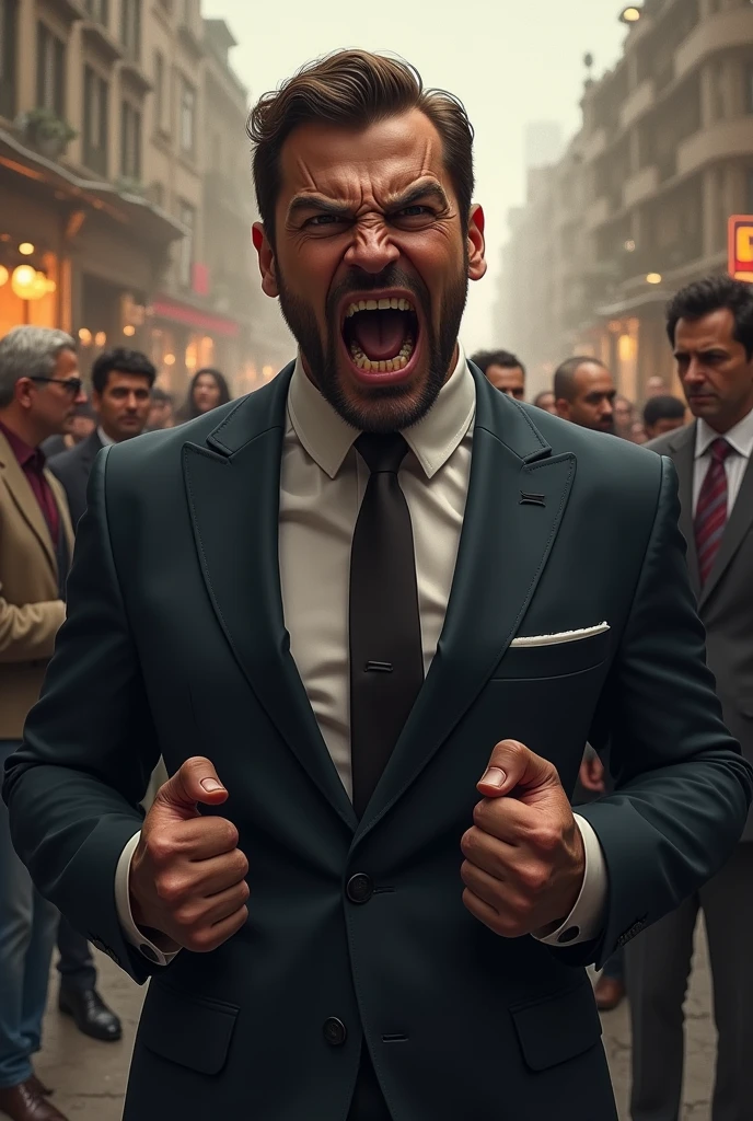 Well dressed man expressing anger and when he hears something from 2 other men mean Persia