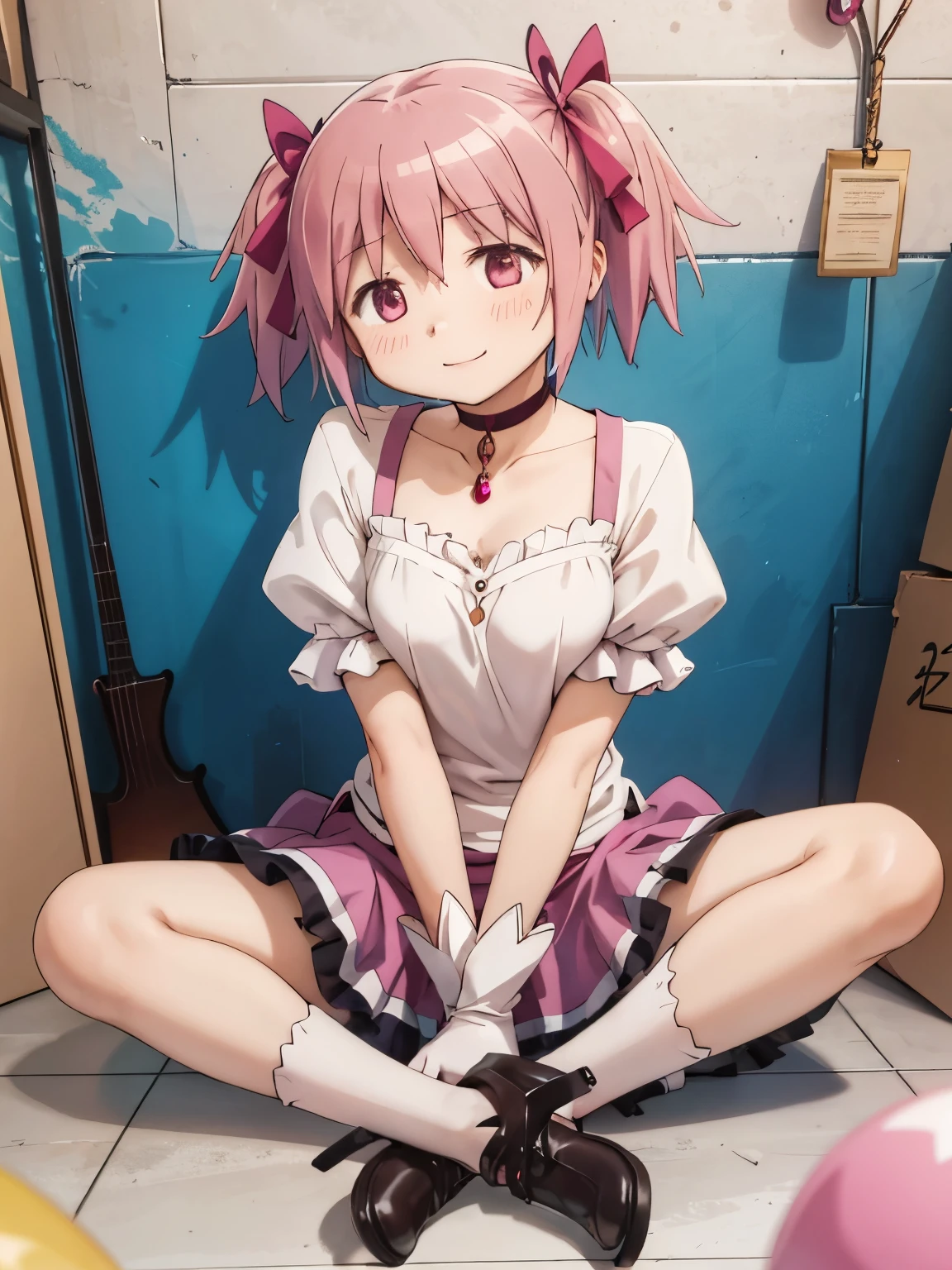 One person, alone, masterpiece, Highest quality,Spread your legs：1.5
        、sitting、gloves, mahou shoujo madoka magica, Madoka Kaname, Madoka Kaname, Pink Eyes, puppet, Pink Hair, short hair, Twin tails, short Twin tails, Hair Ribbon, Red ribbon, Magical girl, choker, ribbon choker, soul gem, clavicle, Short sleeve, Puff sleeves, puffy Short sleeve, Center frill, white gloves, Open back clothing, Scapula, Medium chest, Bubble Skirt, Bow skirt,
         Sitting、Cute smile、Foot opening
          