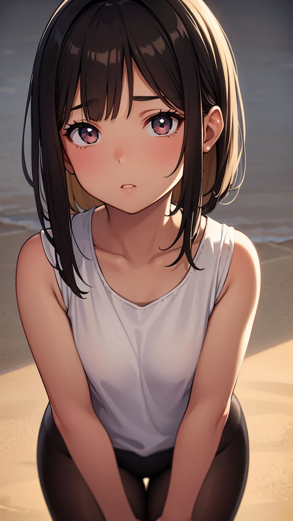 A young girl with tan skin, white eyes, short messy brown hair, wearing a black sports suit, cute, friendly, , somewhat chubby, 1 girl, detailed face, beautiful detailed eyes, beautiful detailed lips, extremely detailed eyes and face, long eyelashes, soft lighting, photorealistic, 8k, hyper-realistic, masterpiece, vibrant colors, natural lighting, warm color palette, soft focus, highly detailed