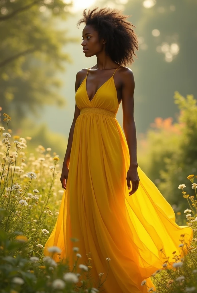 African American woman in a long yellow dress