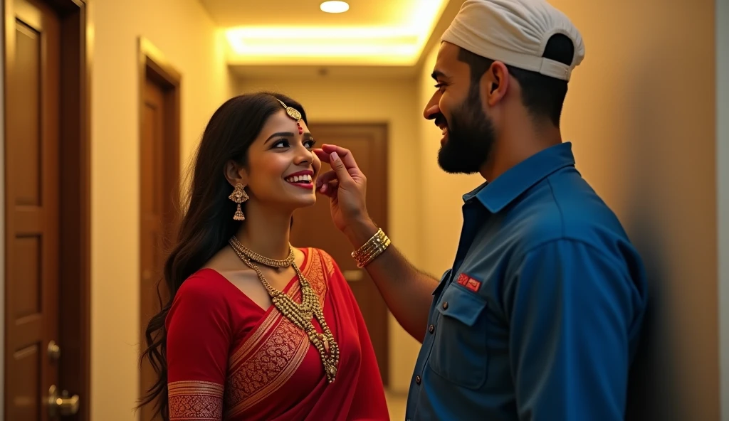 beautiful woman opening  apartment door,wearing red sari,golden jewelries,applay sindoor at the beginning or completely along the parting-line of a woman's hair,smiling to a masculer man,wearing blue  uniform, Ac worker name on shirts back,wite Taqiyah on head,hairy body,watching womans body yellow led lighting in apartment hall