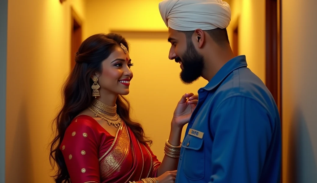 beautiful woman opening  apartment door,wearing red sari,golden jewelries,applay sindoor at the beginning or completely along the parting-line of a woman's hair,smiling to a masculer man,wearing blue  uniform, Ac worker name on shirts back,wite Taqiyah on head,hairy body,watching womans body yellow led lighting in apartment hall