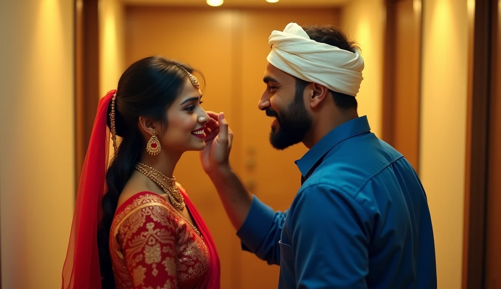 beautiful woman opening apartment door,wearing red sari,golden jewelries,applay sindoor at the beginning or completely along the parting-line of a woman's hair,smiling to a masculer man,wearing blue uniform, Ac worker name on shirts back,wite Taqiyah on head,hairy body,watching womans body yellow led lighting in apartment hall