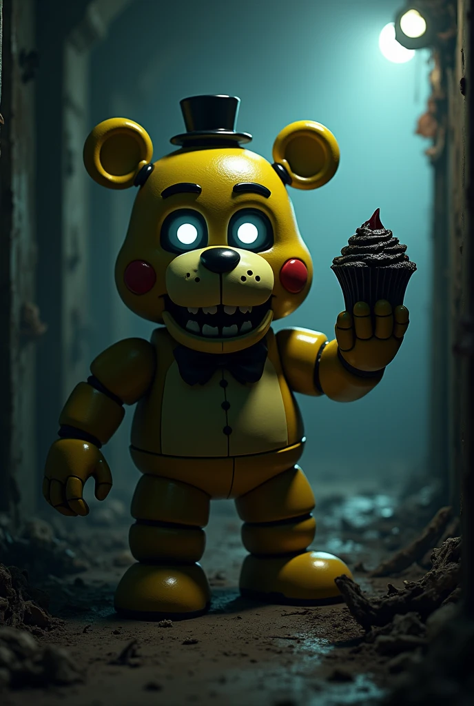 Create a chilling scene featuring a sinister yellow animatronic character, resembling a twisted version of a cheerful mascot. The character should have unsettling, wide eyes with an eerie glow. In its hand, it clutches a dark, menacing cupcake with a devilish grin. Surround the scene with shadows and fog, enhancing the atmosphere of dread. The background should be dimly lit, suggesting an abandoned, haunted environment, with hints of decaying animatronic parts lurking in the darkness, based on Five night a'ts Fredddy