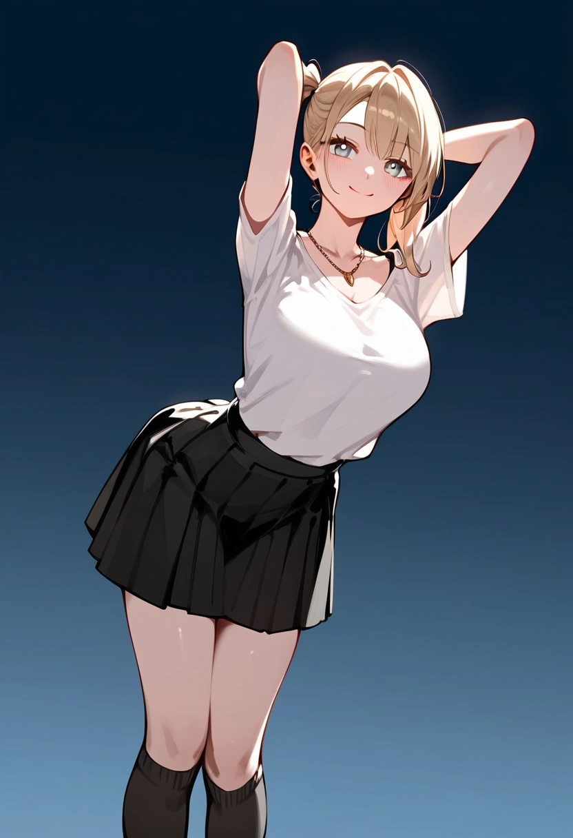 anime artwork, score_9, score_8_up, score_7_up, score_6_up, score_5_up, score_4_up, r, detailed eyes, (1 girl), perfect body, view at viewer, large breasts, blond hair, (side ponytail), white t-shirt, (v-neck), (black suspender skirt), necklace, (kneehighs), (standing), leaning forward, (arms behind head:1.2), (looking up), blush, light smile, from below, black undies, قصيرة