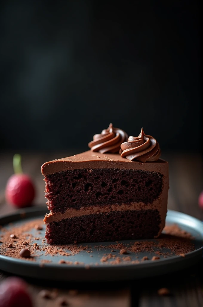 cinematic film still chocolate, chocolate cake, dark background, quality photo, moist texture, frosting, studio photo, slice . shallow depth of field, vignette, highly detailed, high budget, bokeh, cinemascope, moody, epic, gorgeous, film grain, grainy