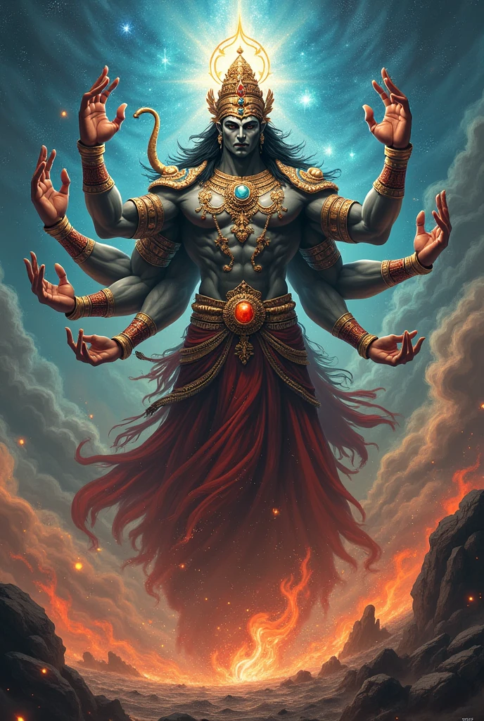 An AI-generated image of a cosmic god emerging from a black hole. The god is depicted with a dark and sinister body, emitting a dark energy. His hands are large and appear to have sharp claws, while his eyes glow in an intense red hue. --auto --s2
