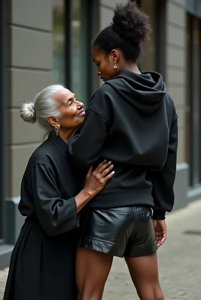 black woman hair in a bun black hoodie black leather short shorts a old grandma in a dress on her knees kissing her ass behind her squeezing her butt