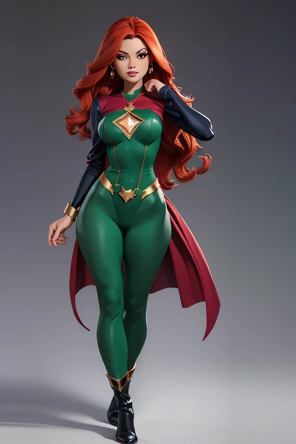 A high-society superheroine named Legacy Lady, known as the most beautiful in the world, with a beautiful heart and body. She wears a long-sleeve leotard, high-cut pants, and thigh-high boot tights. her costume is all green. She has very long light red hair. Adorned with an emerald pendant, ruby and sapphire rings, and a diamond bracelet. no background Maintain the same character design across all images