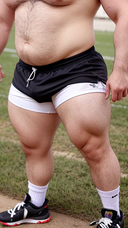 A middle-aged Japanese rugby player、Groundに立っている。Lager shirt。White shorts。bulge。White shortsの股間は大きく盛り上がっている。Masculine face。Kind Face。Handsome face。Big body。Big muscles。thick limbs。Ground。bulge。White shorts。Photorealistic。