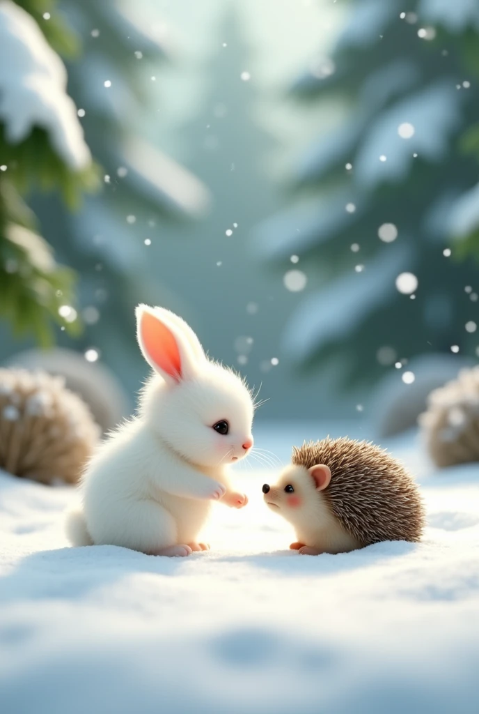 There is snow all around and snow is falling and in the background there are some green trees and bushes as well. A small rabbit which is white in colour and looks very innocent just like a ***** whose hair is like feathers and is very cute, he goes very close to a hedgehog and extends his hand to save it. The hedgehog is very frightened and is stuck inside the snow, he is small and has a very innocent face and is very frightened due to being stuck inside the snow. I need image in 3d animation.