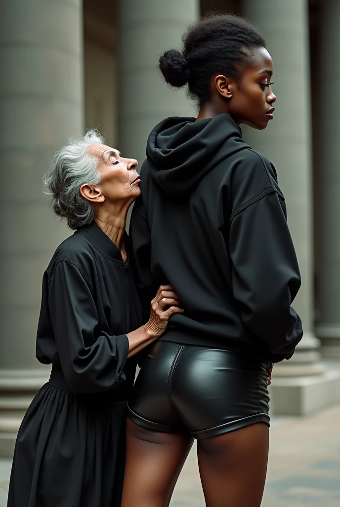 black woman hair in a bun black hoodie black leather short shorts a old grandma in a dress on her knees kissing her ass behind her squeezing her butt