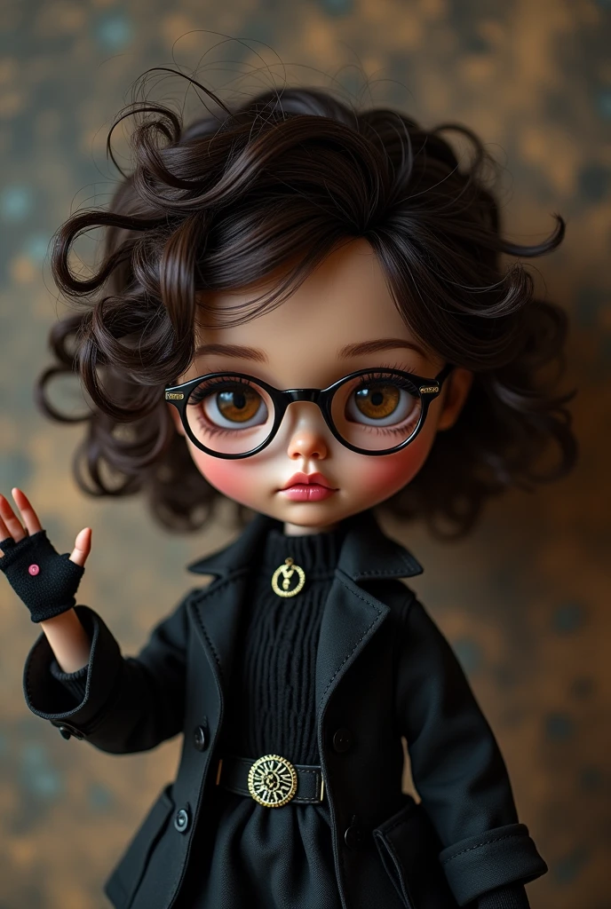 blythe doll with glasses, short brown hair with dark skin