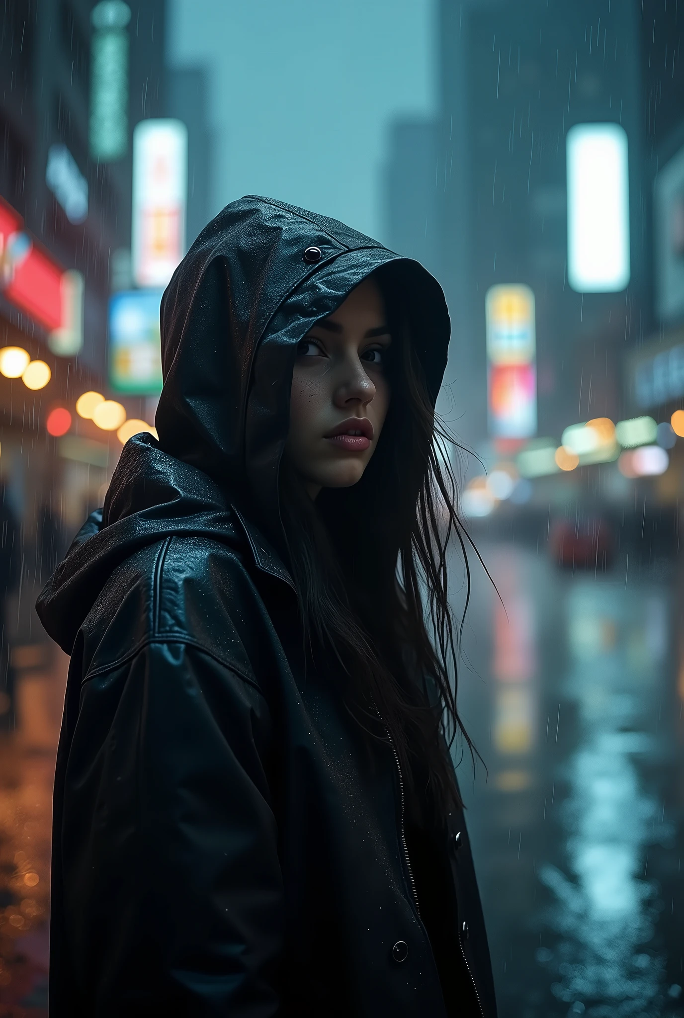 A girl with a hood alone in the rain, real photo, pouring rain, loneliness, best quality, ultra-detailed, realistic, portrait, dark tone, misty atmosphere, wet streets, hooded raincoat, melancholy expression, invisible umbrella, lights sparkling, Urban environment, high resolution, vivid colors, Bokeh, night scene, NYC cityscape.