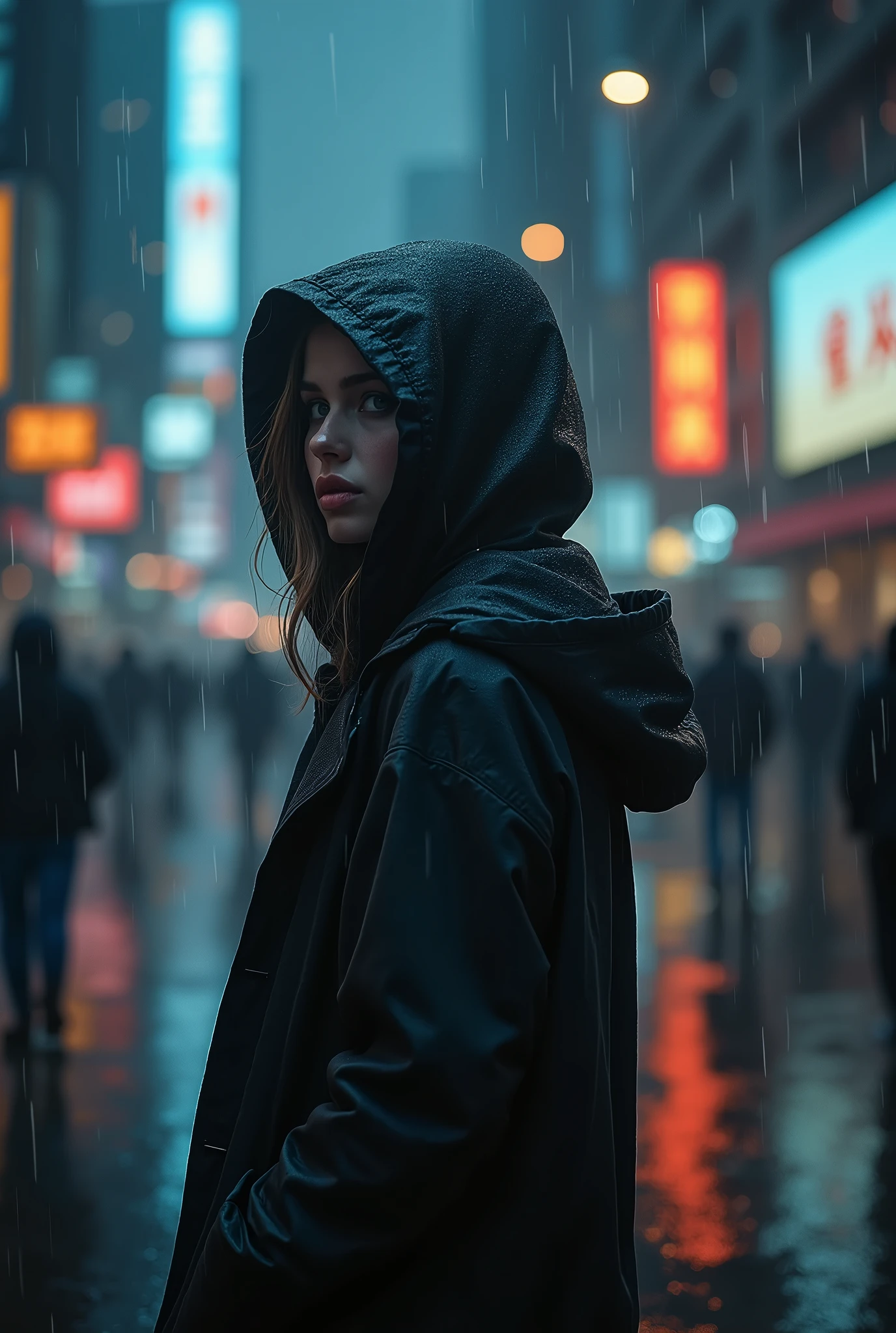 A girl with a hood alone in the rain, real photo, pouring rain, loneliness, best quality, ultra-detailed, realistic, portrait, dark tone, misty atmosphere, wet streets, hooded raincoat, melancholy expression, invisible umbrella, lights sparkling, Urban environment, high resolution, vivid colors, Bokeh, night scene, NYC cityscape.