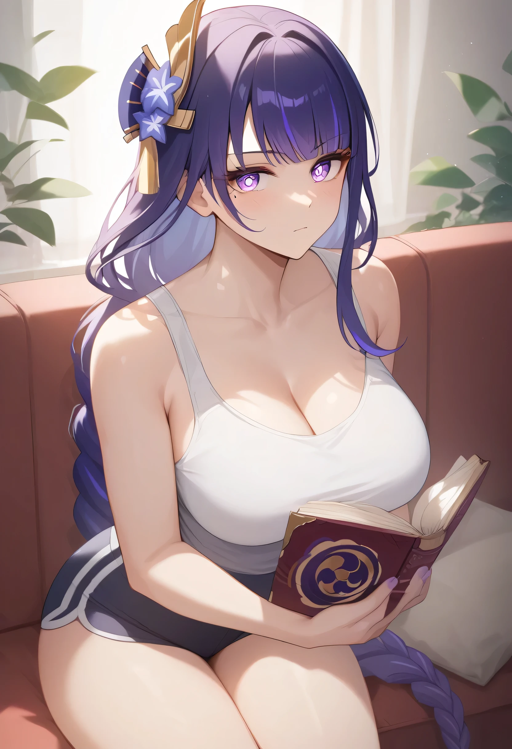 1 girl, Raiden Shogun, curvy, tall, busty, light blue pupils, white tank top, black gym short, living room, on sofa, holding a book, looking up at viewing, cold stern face, BREAK (masterpiece:1.2), best quality, high resolution, unity 8k wallpaper, (illustration:0.8), (beautiful detailed eyes:1.2), extremely detailed face, perfect lighting, extremely detailed CG, (perfect hands, perfect anatomy)