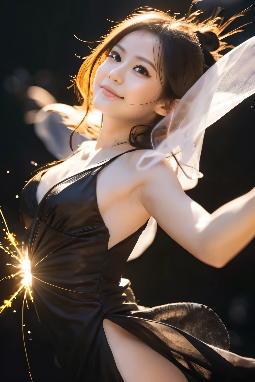 (A woman scoops up a pale, glowing energy body.:1.5), (Baby Face:1.2), (Highest quality:1.4), (Highly detailed and realistic skin:1.4), (Very detailedな顔), (Look up:1.4), Very detailed, (Flat Chest:1.3), (Skinny body type:1.3), (White Camisole Dress:1.4), smile, (Face close-up:1.3), (Glowing energy bodies of different sizes floating in the air:1.8), Behind him, countless shining balls of different sizes dance., (Black background:1.8), (Side angle:1.8), Smooth, Very detailed CG synthesis 8k wallpaper, High-resolution RAW color photos, Professional photography, Light, BackLight, dream-like, print