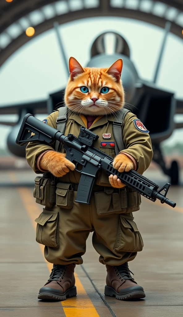 Make a picture of a fat orange cat with blue eyes, flat nose, facing the camera, wear pilot clothes, sports shoes and tie, in hand carrying an assault rifle standing in front of a fighter jet with a military aircraft airport in the background, wide, full body, 8k super realistic