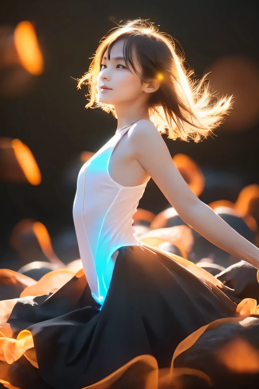 (A woman scoops up a pale, glowing energy body.:1.5), (Baby Face:1.2), (Highest quality:1.4), (Highly detailed and realistic skin:1.4), (Very detailedな顔), (Look up:1.4), Very detailed, (Flat Chest:1.3), (Skinny body type:1.3), (White Camisole Dress:1.4), smile, (Face close-up:1.3), (Glowing energy bodies of different sizes floating in the air:1.8), Behind him, countless shining balls of different sizes dance., (Black background:1.8), (Side angle:1.8), Smooth, Very detailed CG synthesis 8k wallpaper, High-resolution RAW color photos, Professional photography, Light, BackLight, dream-like, print