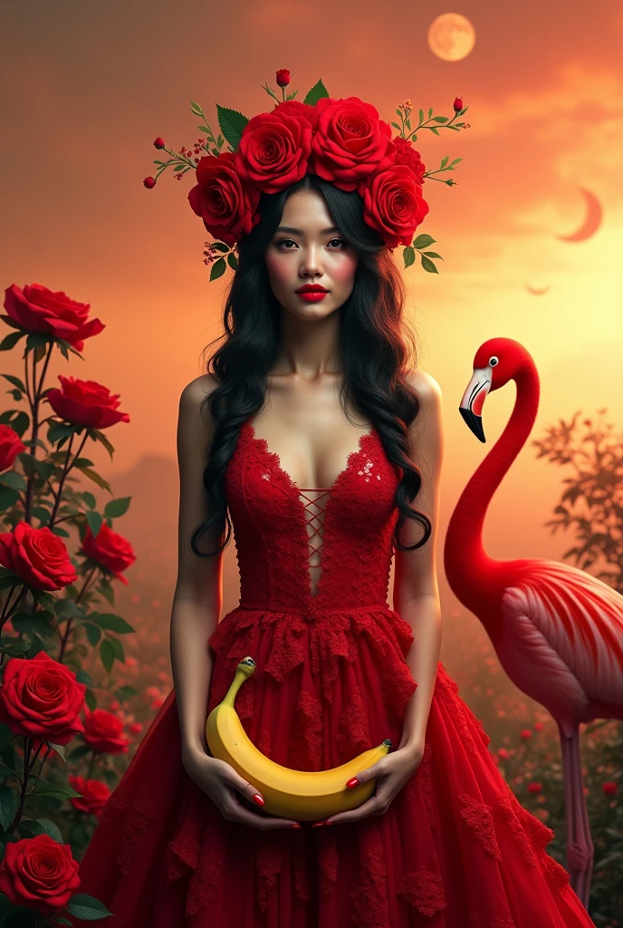 A digital artwork featuring a young woman standing confidently in the center of the frame. She has long, wavy black hair styled with intricate braids and adorned with a headpiece made of vibrant red roses. "
    "Her makeup is bold, with striking red lipstick, defined eyebrows, and dramatic eye makeup, including large eyelashes and shimmering eyeshadow. The woman is wearing a form-fitting, sleeveless dress made entirely of red roses, "
    "with thin spaghetti straps and a deep V-neckline, accented with lace details around the neckline and shoulders. She holds a bright yellow banana horizontally near her waist, and her body is slightly angled to the left. "
    "To her right stands a flamingo with a vibrant red body, black beak, and white face, its curved neck arched upwards. The background features a surreal orange and red sky with two large, faint celestial bodies resembling moons. "
    "The scene is surrounded by clusters of vivid red roses with deep green leaves at the bottom, adding depth and texture. Include subtle Bitcoin motifs integrated into the headpiece or dress to blend modern financial symbolism with the surreal and enchanting scene. "
    "The lighting is soft and diffused, creating a glowing effect on the woman’s face and body, with high contrast, vivid saturation, and warm hues dominating the color palette for a visually striking and mystical composition.