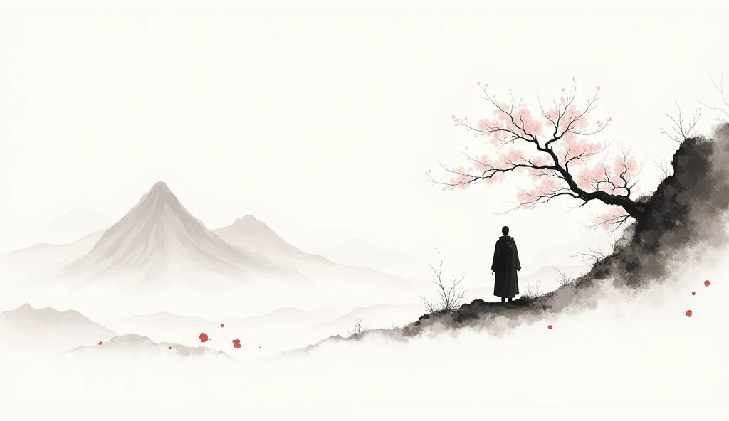 Lots of white space ，White background, simple, Minimalism, Abstract,Hand Painted，Aesthetic，black and white，Ink Painting，，a mountain，There are plum blossoms，Man looking into the distance，Monk，一幅Abstract的艺术插图, author：Xu Shuai, Arte no estilo de Gu Weiss, Shin Jin Hye, Obra-prima de Gu Weiss, Ross Figure 1. 0, Beautiful digital illustrations, Inspired by Non-WLOP, simple數位藝術, jingna zhang, Gu Weiss, Stunning digital illustrations