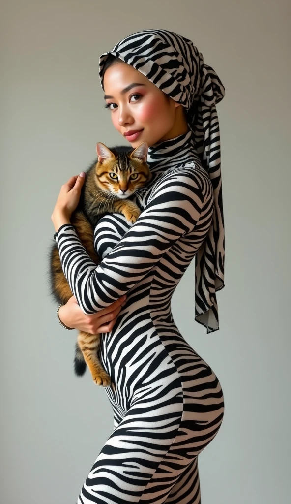 the beautiful,slender thin and clever Malaysian muslimah adult female girl with beautiful cheeks wears zebra print lycra turtleneck unitard catsuit covered with seamless stripes and always wear zebra print lycra elastane stretchy dancewear hijab covered with seamless stripes.She loves to hug a cat.
