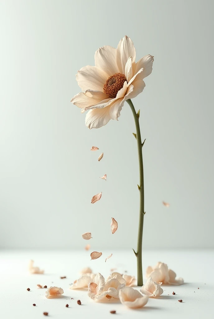  Worn flower throwing petals to the floor in a white room 