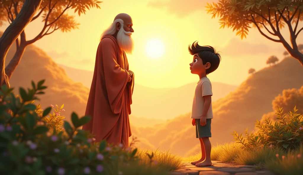 Create cinematic 3D cartoon style Ajay listened to the saint and thought, "This makes sense. But why would my troubles go away so easily?"