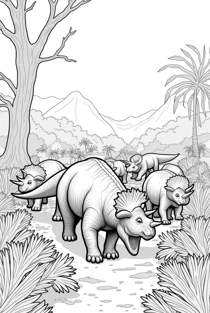 create images of Triceratops dinosaurs in their habitat for children&#39;s coloring books in black and white in dimensions 26.6 x 20.4 x 0.4 cm

