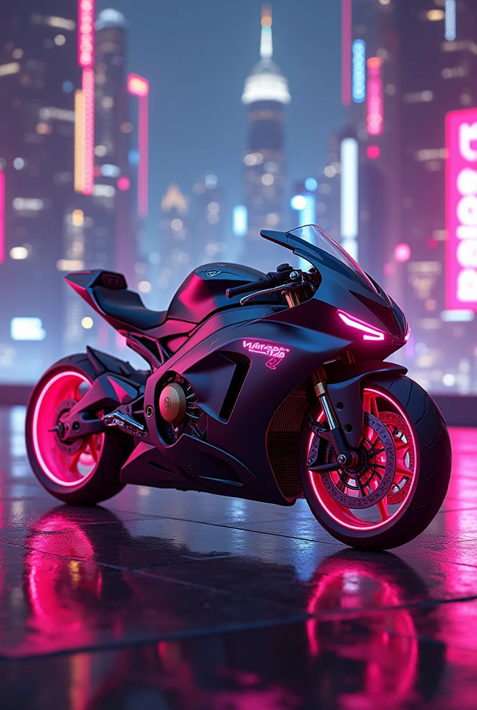 futuristic motorcycle, with pink lights, advanced technology and a futuristic illuminated city in the background