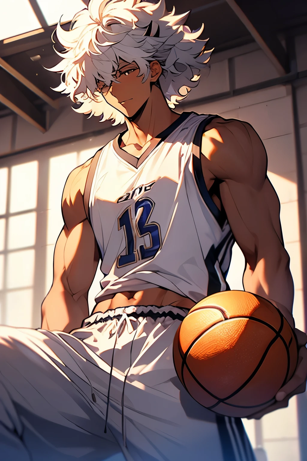 White-haired boy,curls,dark skin,There are short brown horns on the head,Wear loose sweatpants,Abdominal muscles,play basketball,Delicate boy face,20 years old