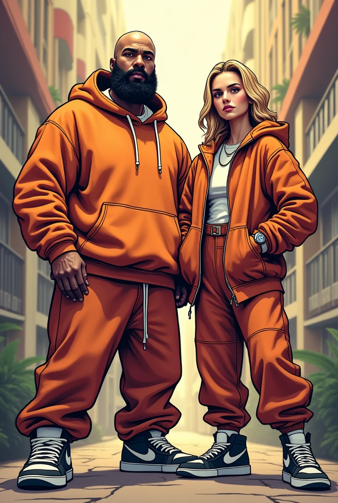 Robust man dressed as a rapper 3 bald with a beard and mustache baggy sweatshirt baggy pants Nike sneakers with scarlett johansson dressed as a rapper cartoon