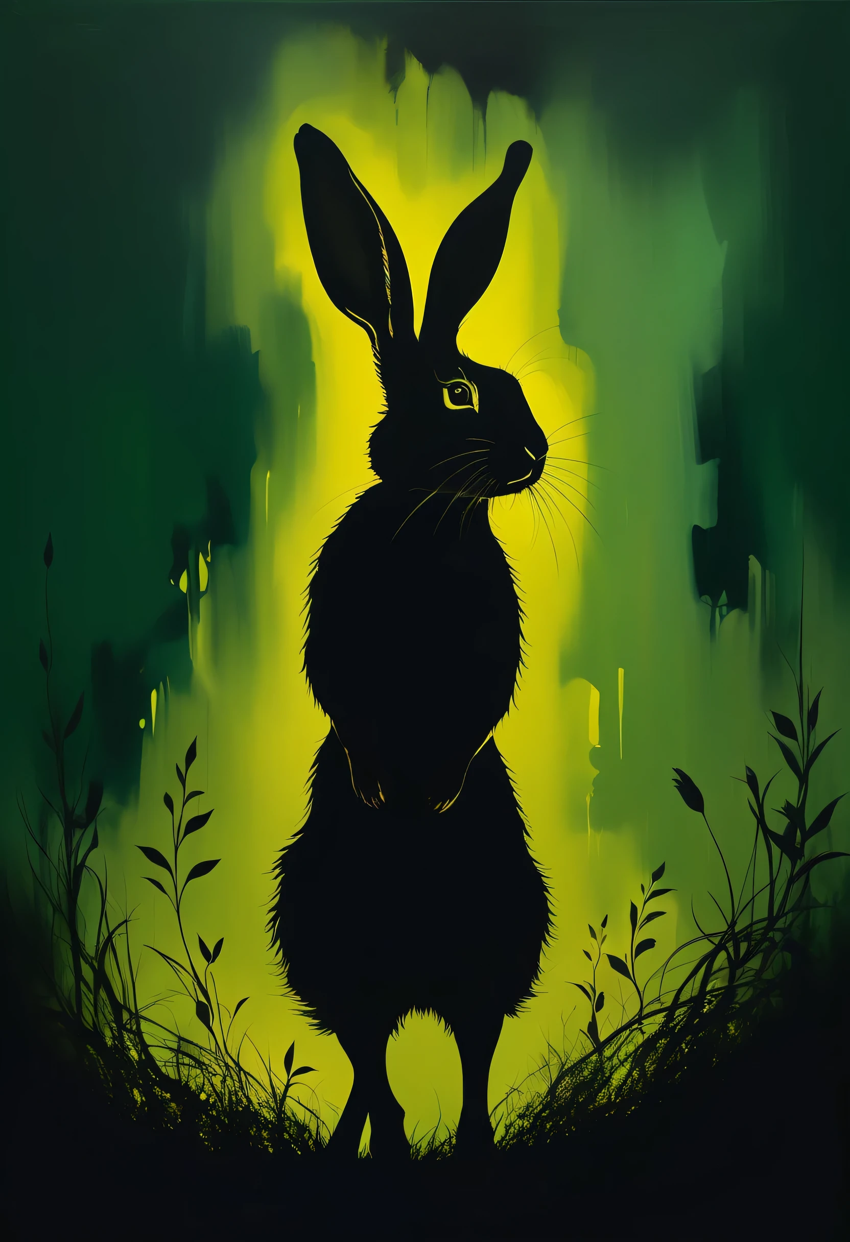 (Sensual illustration chiaroscuro), Illustration art, Surrealism, Vintage Abstraction, Black rabbit silhouette、 Long Shot、Dark Green Background、Highest quality, masterpiece, Ultra high definition、Painting, Green and yellow concept art, Emotional, Atmospheric, Romantic aesthetics, Represents transformation and the ability to see beyond the surface、Ultra high definition、(deep, Delicate colors) paint (draw) 、The highest masterpiece、Highest quality、