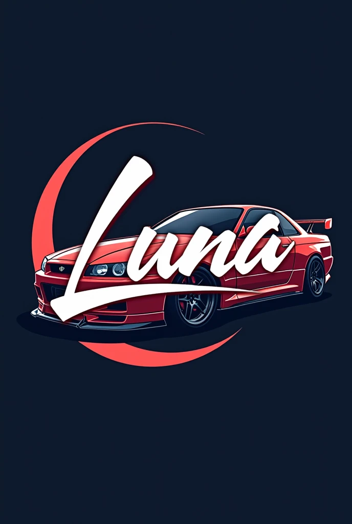 High resolution, Logo for Jdm cars, logo spelling “Luna” cool, Jdm theme, anime theme, Bayside blue Nissan Skyline R34, modern name spelling, moon, simplicity design, 