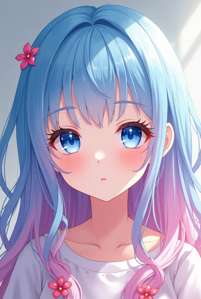 Anime girl cute image with blue eyes and light blue and pink hair , like in straight front of me .