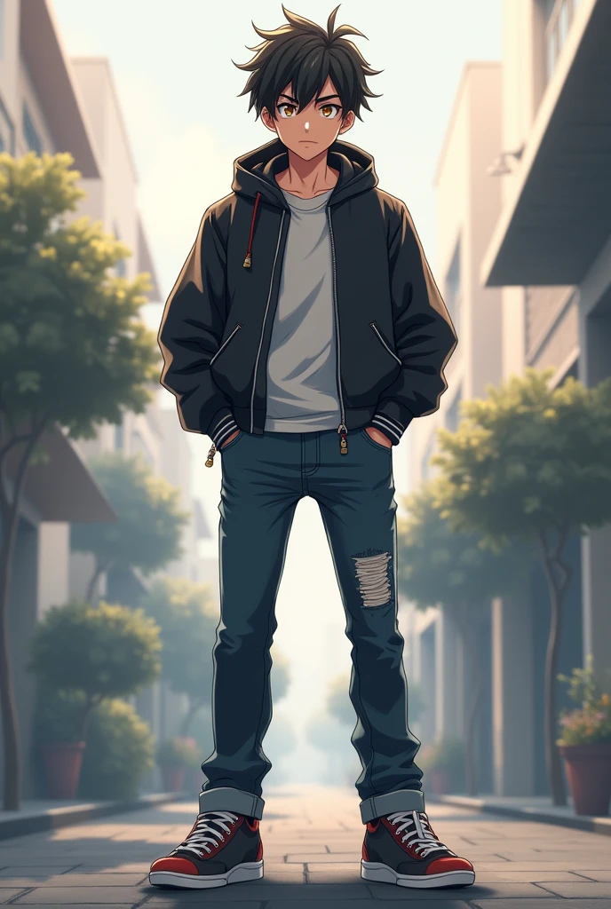 A young and fit anime character standing. He is wearing a stylish jacket on his upper body, paired with jeans on his legs, and casual shoes. The character has a sharp and energetic look, short tousled hair, and intense eyes. The background is a simple urban setting with soft lighting, highlighting his cool and dynamic personality