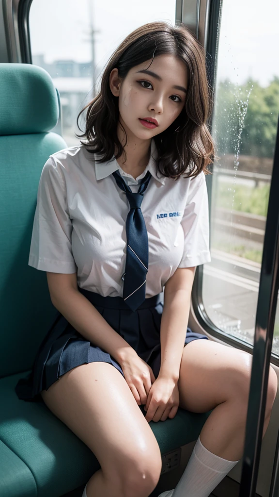 Very realistic、high quality、A very beautiful and stylish gravure model、Sitting in a seat on a train、(Silver Mesh Hair：1.1)、Wavy Hair、Short Hair、Pixie Cut、Schoolgirl uniform、Pleated skirt、socks、(A large amount of thick  is splashed on her face：1.2)、(View Viewer、Detailed face)、Makeup、A slightly bird's-eye view