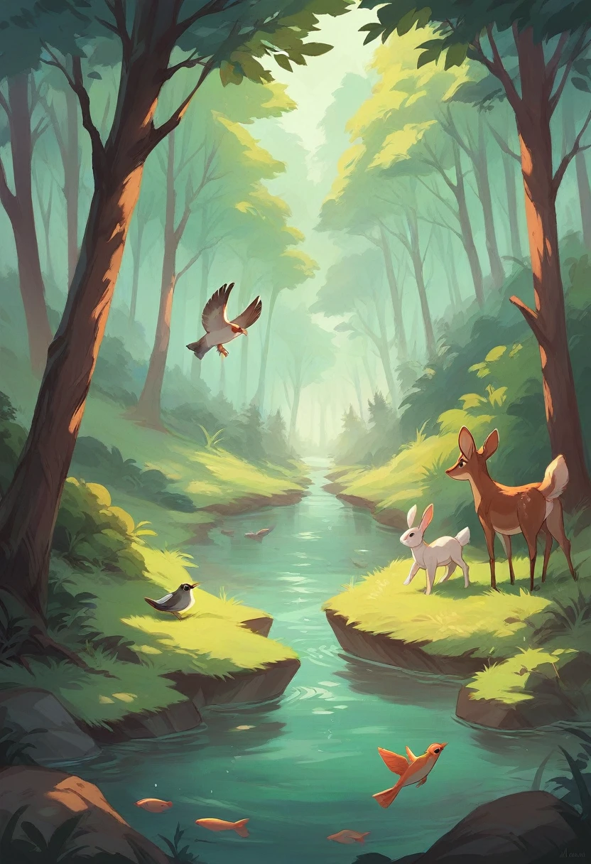 There was a beautiful forest full of green trees. A river flowed through the forest. There were many fish friends in this river. They are very friendly with all big and small animals like squirrels, birds, rabbits and deer in the forest.