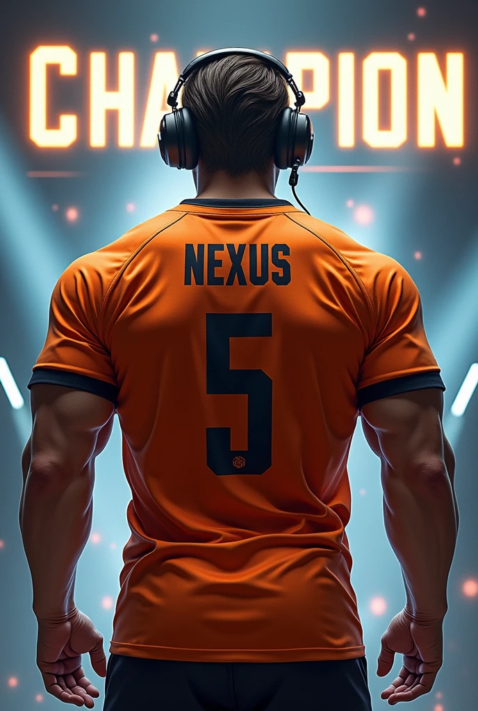 A bit muscular man, an gamer, from back, with medium hair, wearing orange jersey with name "NEXUS" on the jersey, with jersey number 5, wearing gaming headphone, with background written champion